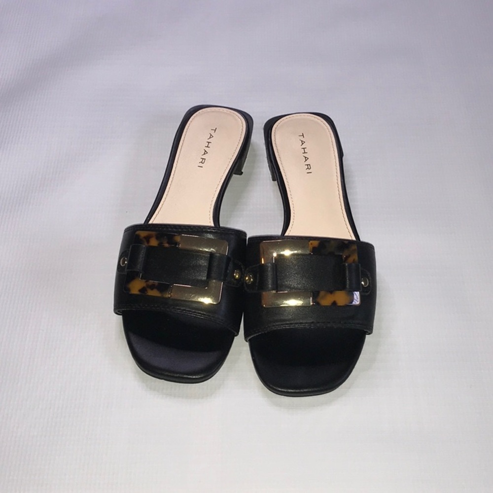 Black leather, tortoise and gold slide